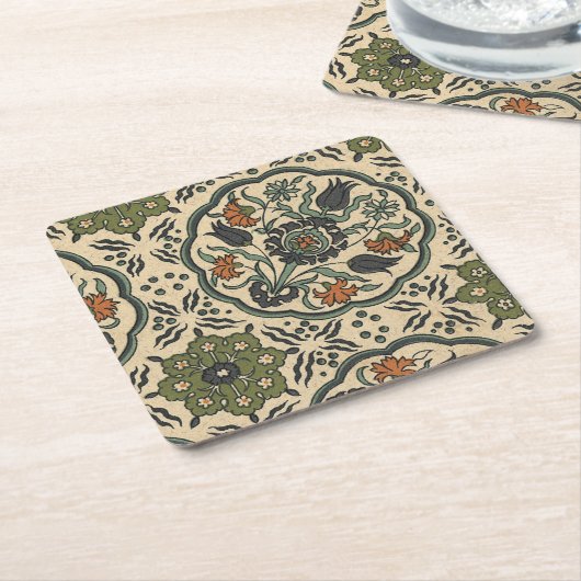 装飾フローラペルシアタイルデザイン スクエアペーパーコースター (アングル)