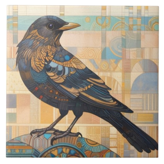 装飾ブラックバードアートアーストーンオレンジ タイル (正面)