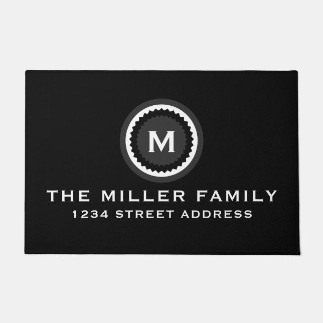 装飾ブラック&ホワイトモノグラムファミリー&アドレス ドアマット (正面)