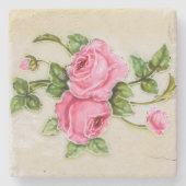 装飾ブーケピンクローゼグリーン花びら ストーンコースター (正面)