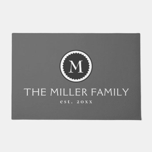 装飾モノグラムメダリオン |グレーと白 ドアマット (正面)