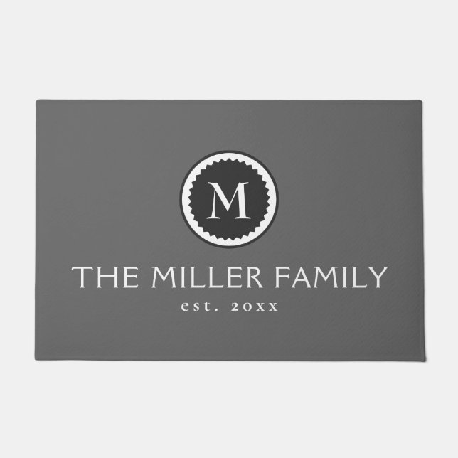 装飾モノグラムメダリオン |グレーと白 ドアマット (正面)