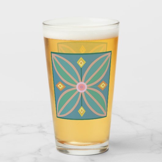 装飾モロッコ花タイルティール(緑がかった色)レモンとピンク タンブラーグラス (ドリンク正面)