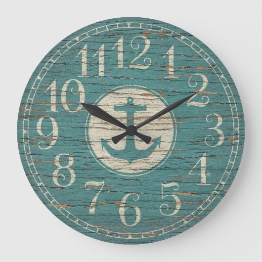 装飾ユニークいかり航海のヴィンテージ木材 ラージ壁時計 (正面)