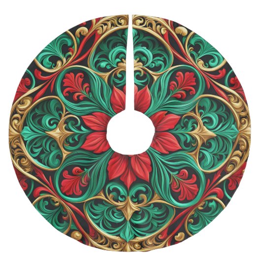 装飾レッドグリーンホリデーツリースカート ブラッシュドポリエステルツリースカート (正面)