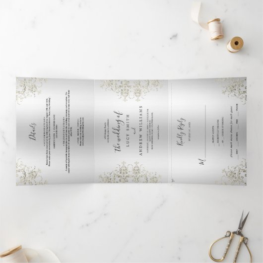 装飾ロマンチックなシルバーダマスクの結婚式 三つ折り招待状 (内部)