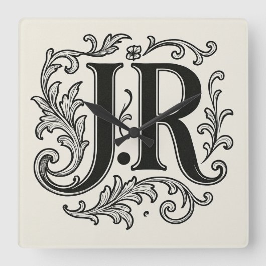 装飾付きイニシャル J.R スクエア壁時計 (正面)