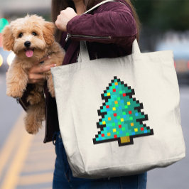 装飾付きピクセルアートクリスマスツリー緑 ラージトートバッグ