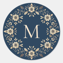 装飾伝統的フローラネイビーブルーモノグラム ラウンドシール
