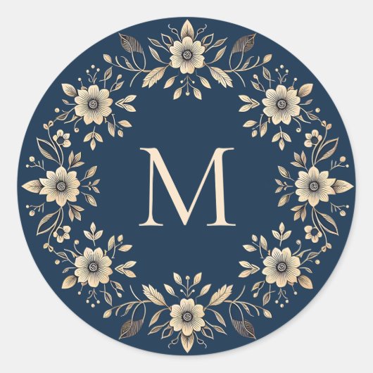 装飾伝統的フローラネイビーブルーモノグラム ラウンドシール (正面)