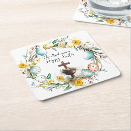 装飾卵とクロス私のフローライースター スクエアペーパーコースター