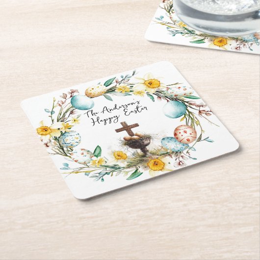 装飾卵とクロス私のフローライースター スクエアペーパーコースター (アングル)