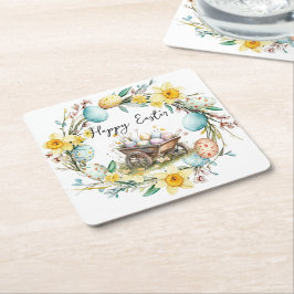 装飾卵と木製トロリーフローライースター スクエアペーパーコースター