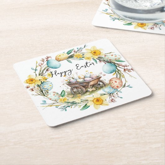 装飾卵と木製トロリーフローライースター スクエアペーパーコースター (アングル)