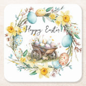 装飾卵と木製トロリーフローライースター スクエアペーパーコースター (正面)