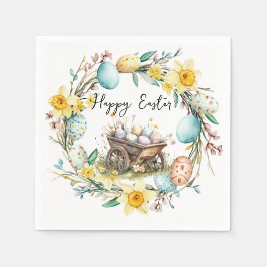 装飾卵と木製トロリーフローライースター スタンダードカクテルナプキン (正面)