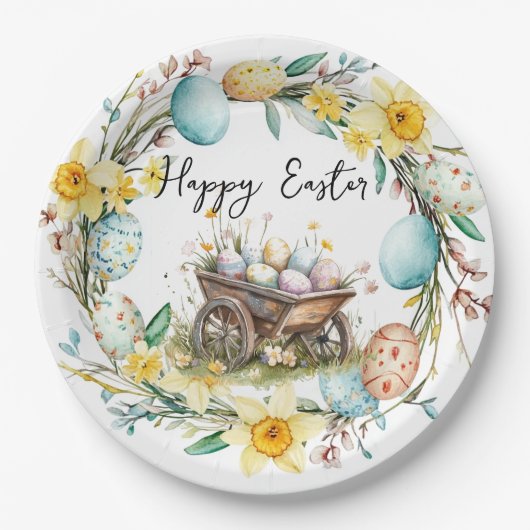 装飾卵と木製トロリーフローライースター ペーパープレート (正面)