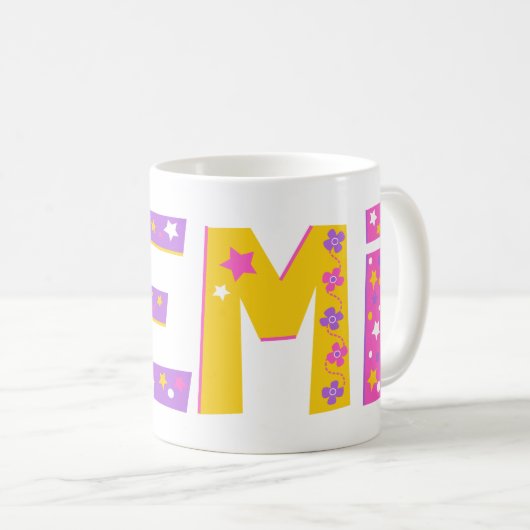 装飾名デミ花と星黄ピンク コーヒーマグカップ (正面右)
