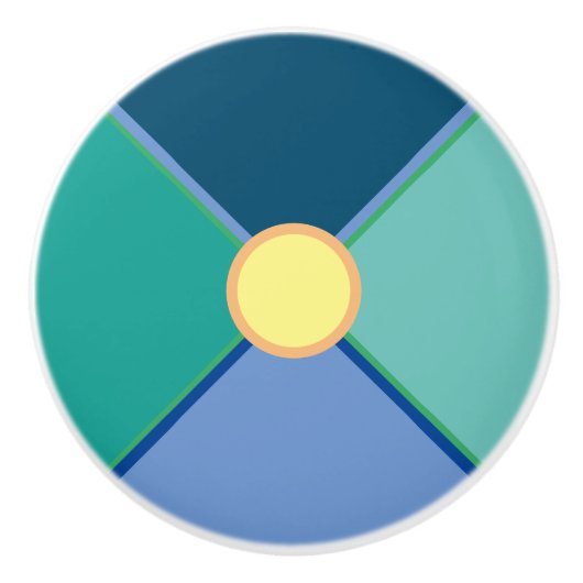 装飾幾何学的ティール（緑がかった色）グリーン、柑橘類&ブルー セラミックノブ (正面)