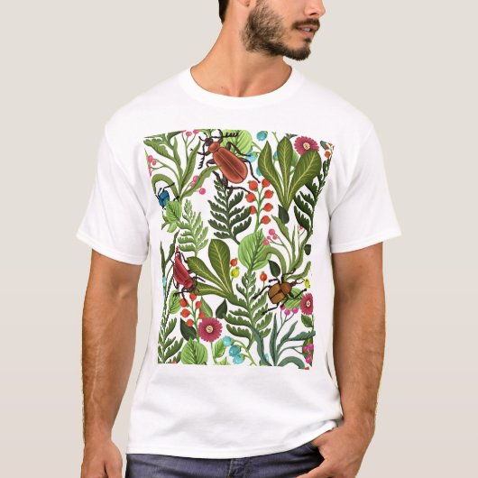 装飾植物と昆虫:シームレスなデザイン。 Tシャツ (正面)