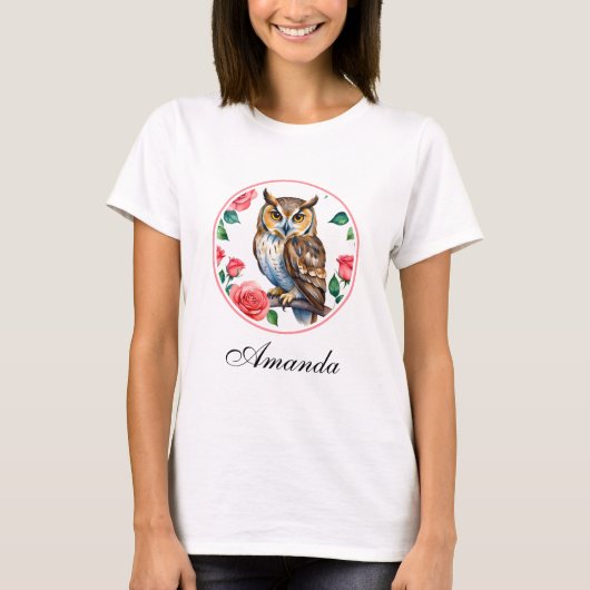 装飾水彩フクロウバラ Tシャツ (正面)