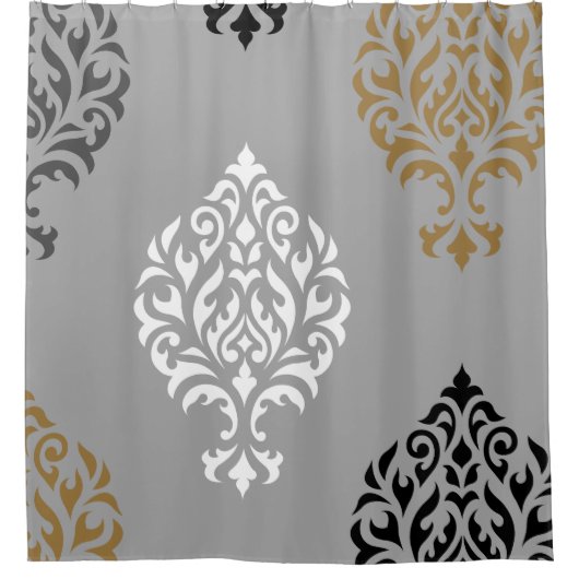 装飾用のダマスク織の芸術Iの白黒の灰色の金ゴールド シャワーカーテン (正面)