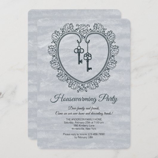 装飾用のハートおよび鍵の引っ越し祝いパーティーのパーティーInv 招待状 (正面/裏面)