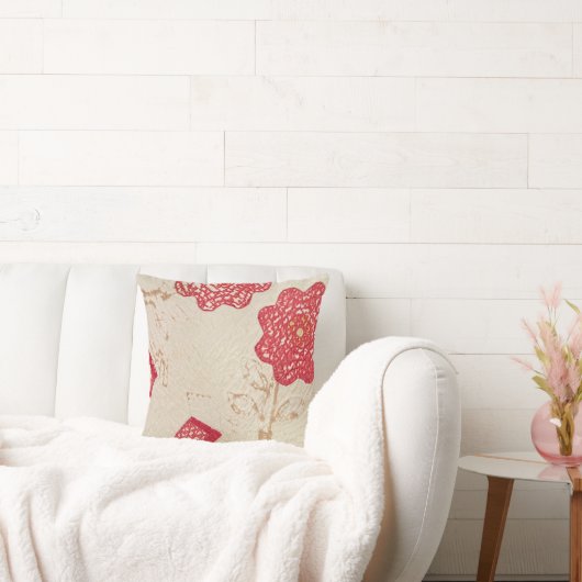 装飾用クッションオールドクリームキルトタターレッド花 クッション (ソファ)