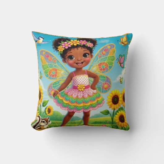装飾用クッション- "HAPPY FAIRY FAIRY WITH SUNFLOWERS" クッション (正面)