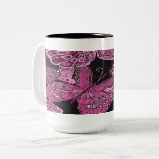 装飾用ピンクバタフライコーヒーマグ ツートーンマグカップ (正面左)
