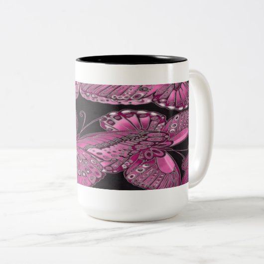 装飾用ピンクバタフライコーヒーマグ ツートーンマグカップ (正面右)
