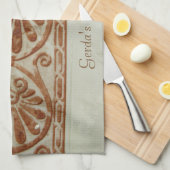 装飾用地中海の茶縁どと文字 キッチンタオル (四つ折り)