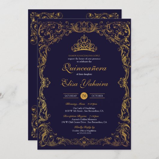 装飾用王室の金ゴールドブルークラウンストーリーブックメンス 招待状 (正面/裏面)