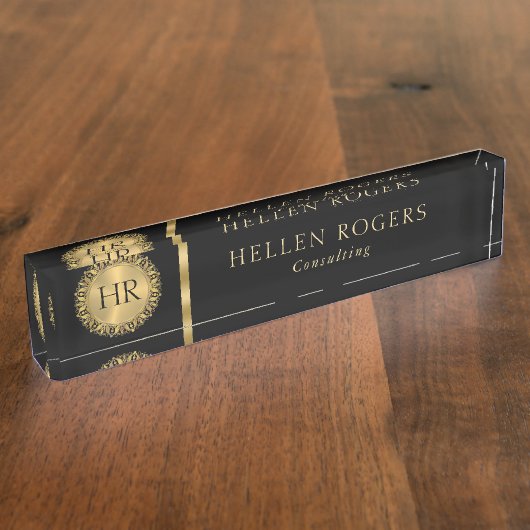 装飾用王室の金ゴールド円形フレーム（黒） デスクネームプレート (側面)