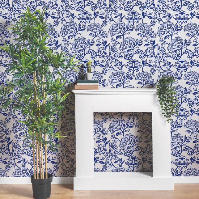 装飾用華美ギリシャ青フローラ線パターン 壁紙 (Decorative Ornate Greek Blue Floral Line Pattern Wallpaper)