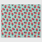 装飾的で赤い花のミントの青の水玉模様 ラッピングペーパー (フラット)