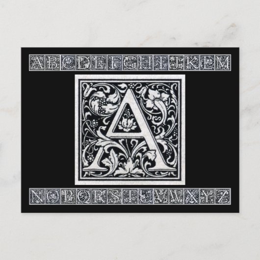 装飾的なイニシャル「A」 ウッドカット ウッドブロック アルファベット ポストカード (正面)