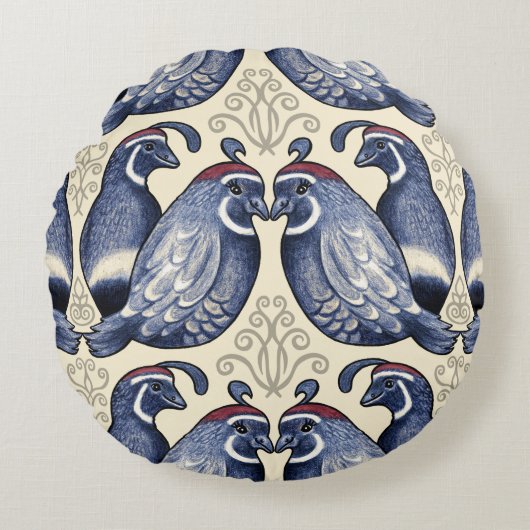 装飾的なウズラ海軍とクリーム丸い枕 ラウンドクッション (正面)