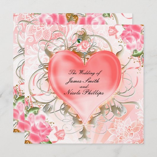 装飾的なエレガントな花のハートピンクの招待状 招待状 (正面/裏面)