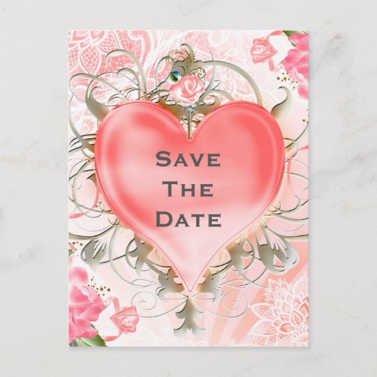 装飾的なエレガントな花のハートピンクパーティー 案内ポストカード (正面)