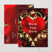 装飾的なエレガントな花のハート 黒 赤 & ゴールド 案内ポストカード (正面/裏面)