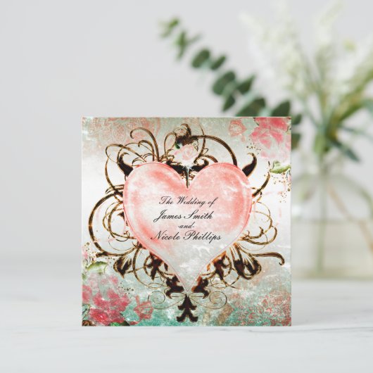 装飾的なエレガントな花のヴィンテージ ハートの招待状 招待状 (スタンド正面)