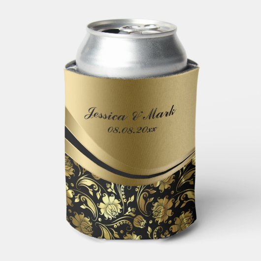 装飾的なエレガントな黒及び金ゴールドのダマスク織は縞で飾ります 缶クーラー (缶正面)