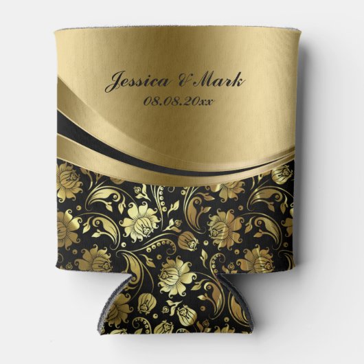 装飾的なエレガントな黒及び金ゴールドのダマスク織は縞で飾ります 缶クーラー (正面)