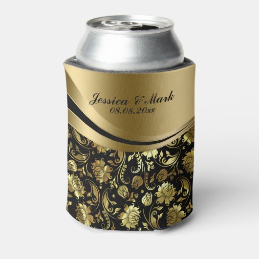 装飾的なエレガントな黒及び金ゴールドのダマスク織は縞で飾ります 缶クーラー (缶裏面)