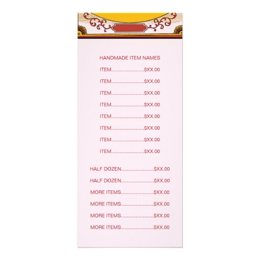 装飾的なカップケーキメーカーのロゴと価格リスト付き ラックカード (裏面)