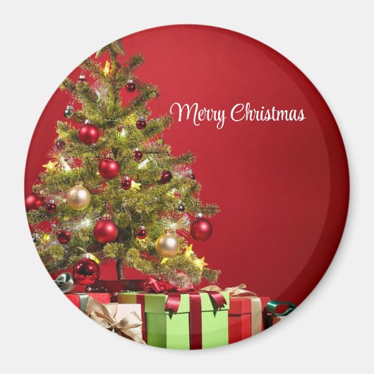 装飾的なクリスマスツリーを持つ赤い背景 マグネット (正面)