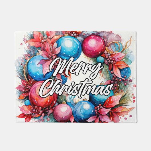 装飾的なクリスマスリース |ハッピーホリデー ドアマット (正面)