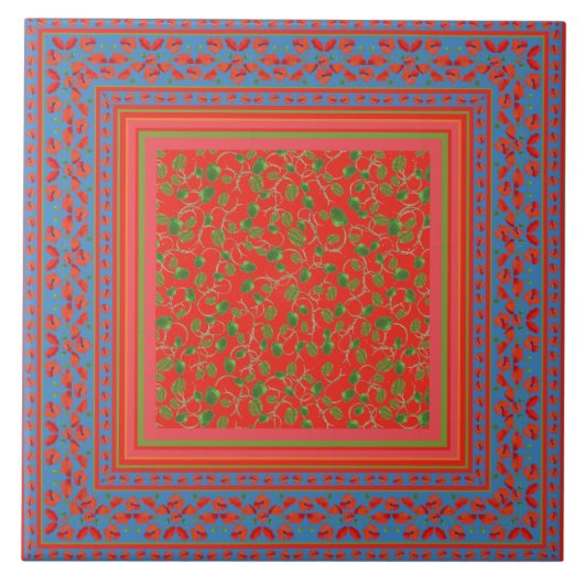 装飾的なケシのボーダー、ケシの芽、赤および青 タイル (正面)