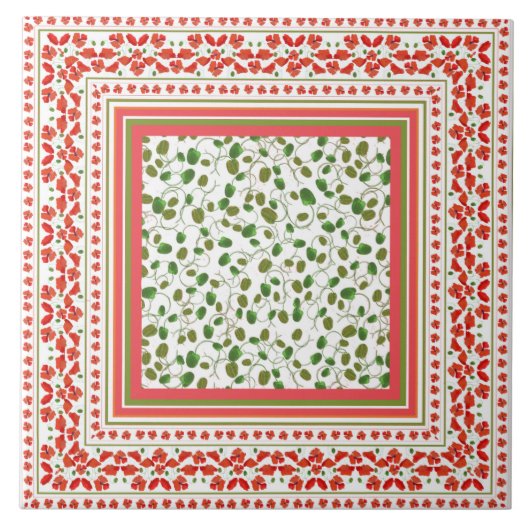 装飾的なケシのボーダー、白で赤いケシの芽 タイル (正面)